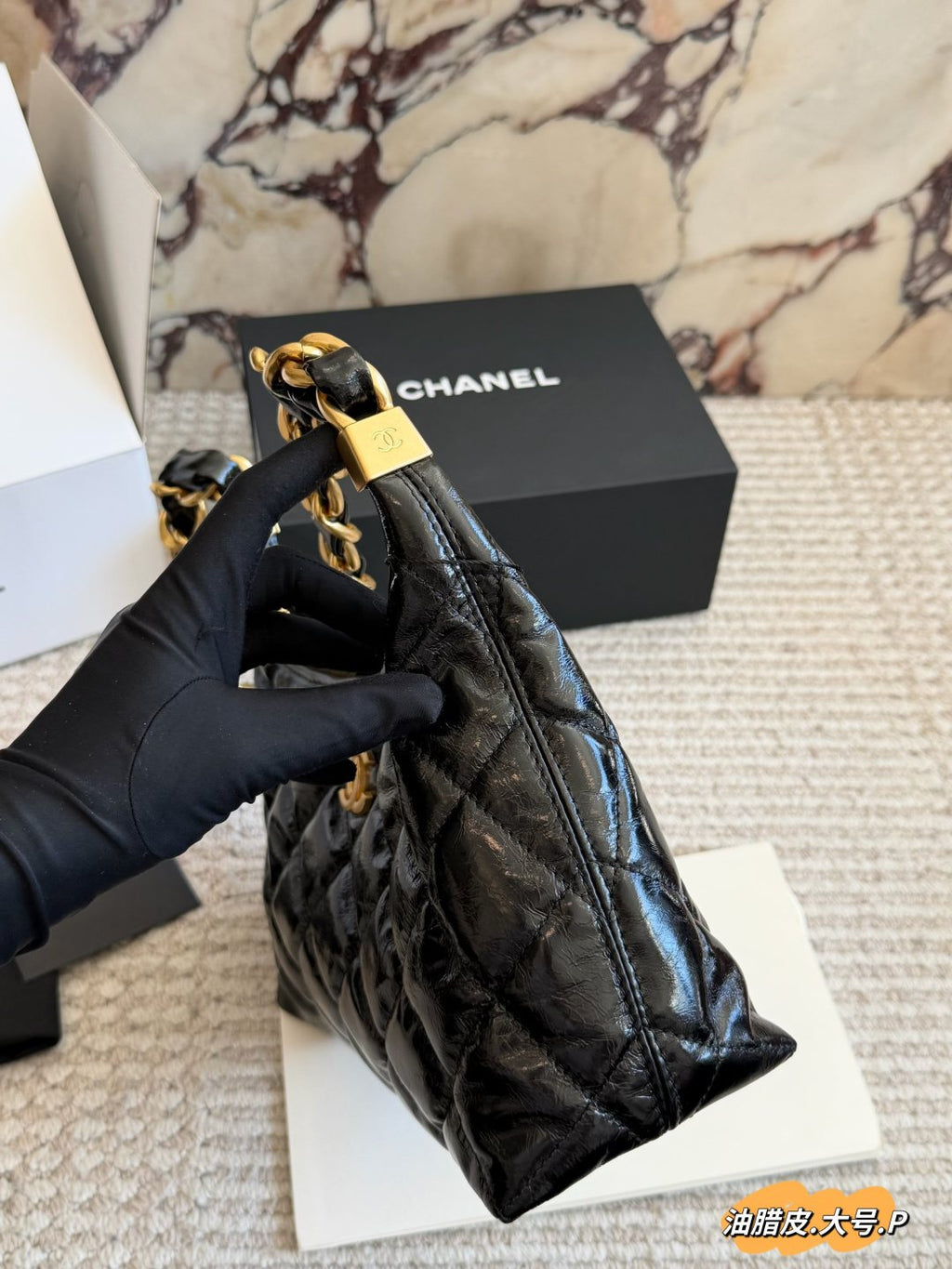 Chanel Diamond-Quilted Chain Hobo Bag — side