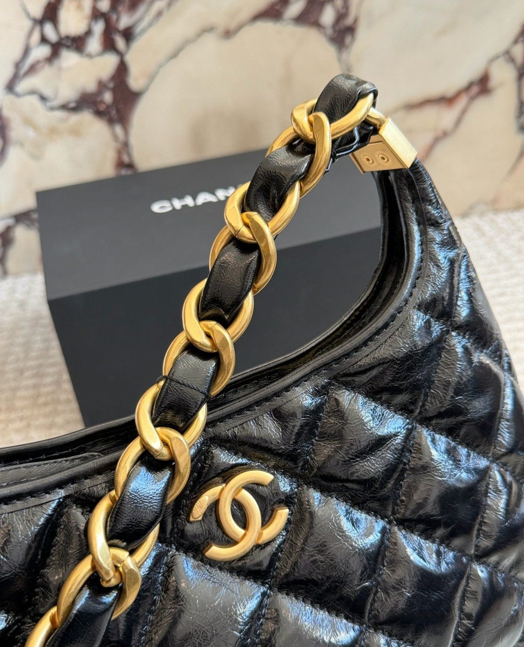 Chanel Diamond-Quilted Chain Hobo Bag — detail