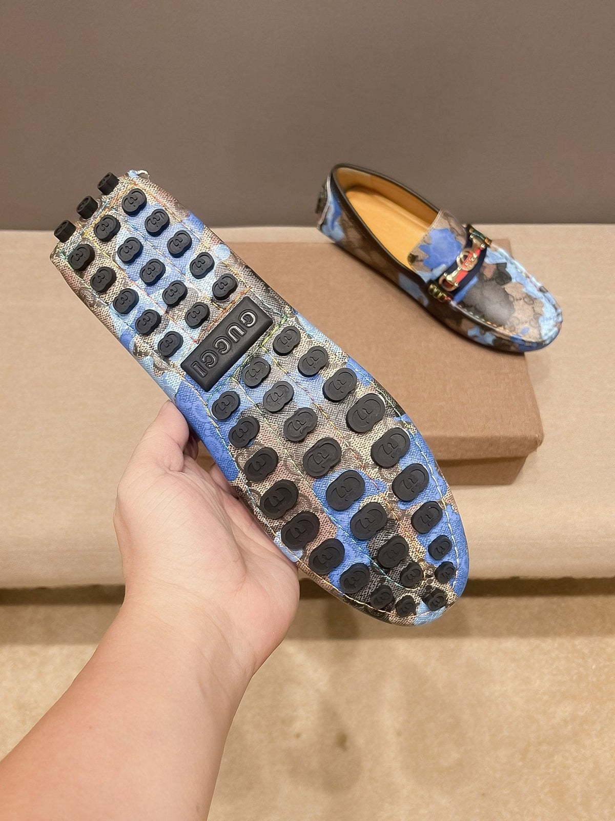Gucci Patterned Metal-Accent Loafers — model