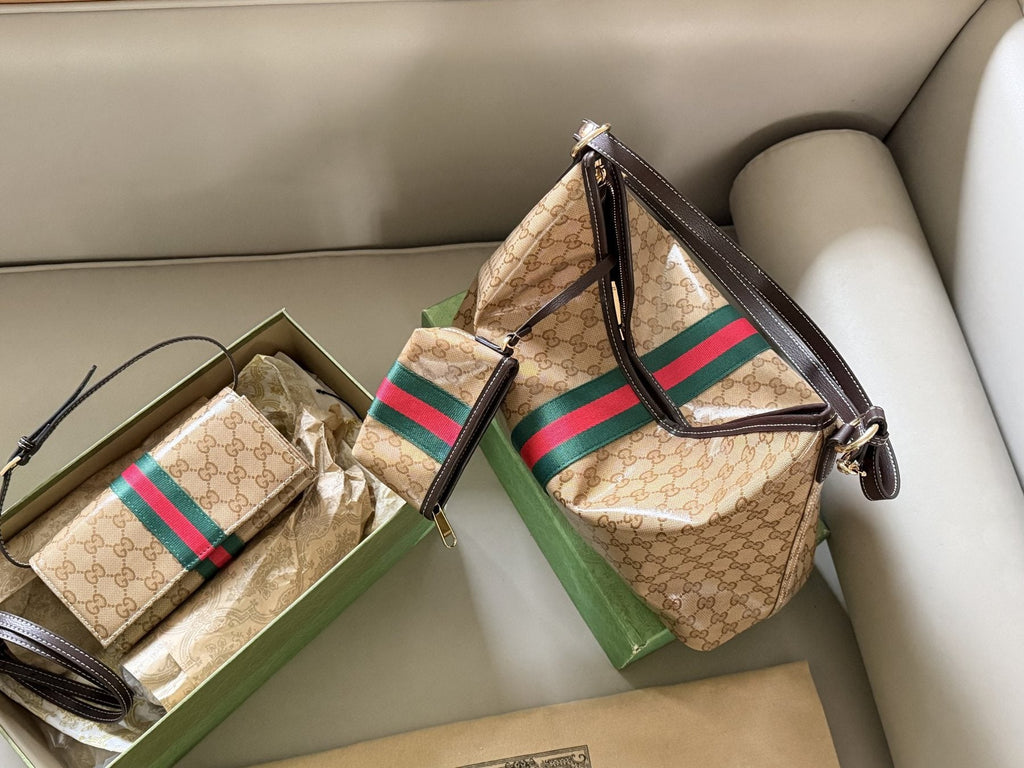 Beige Monogram Tote with Red-Green Stripe and Pouch — front