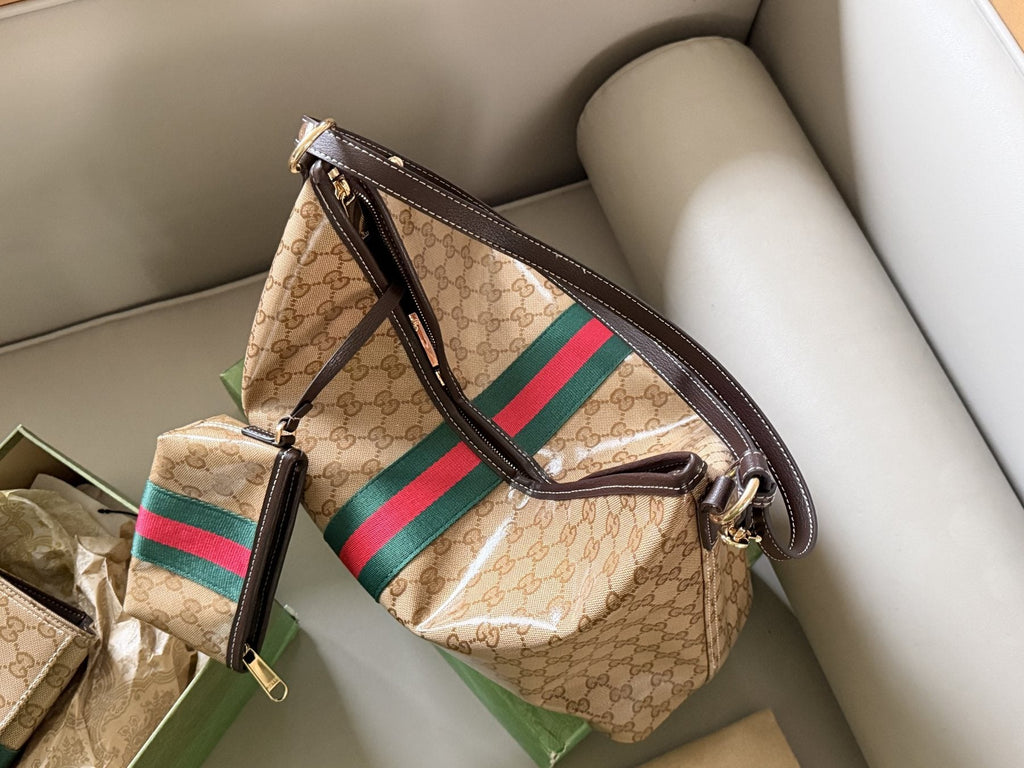 Beige Monogram Tote with Red-Green Stripe and Pouch — detail