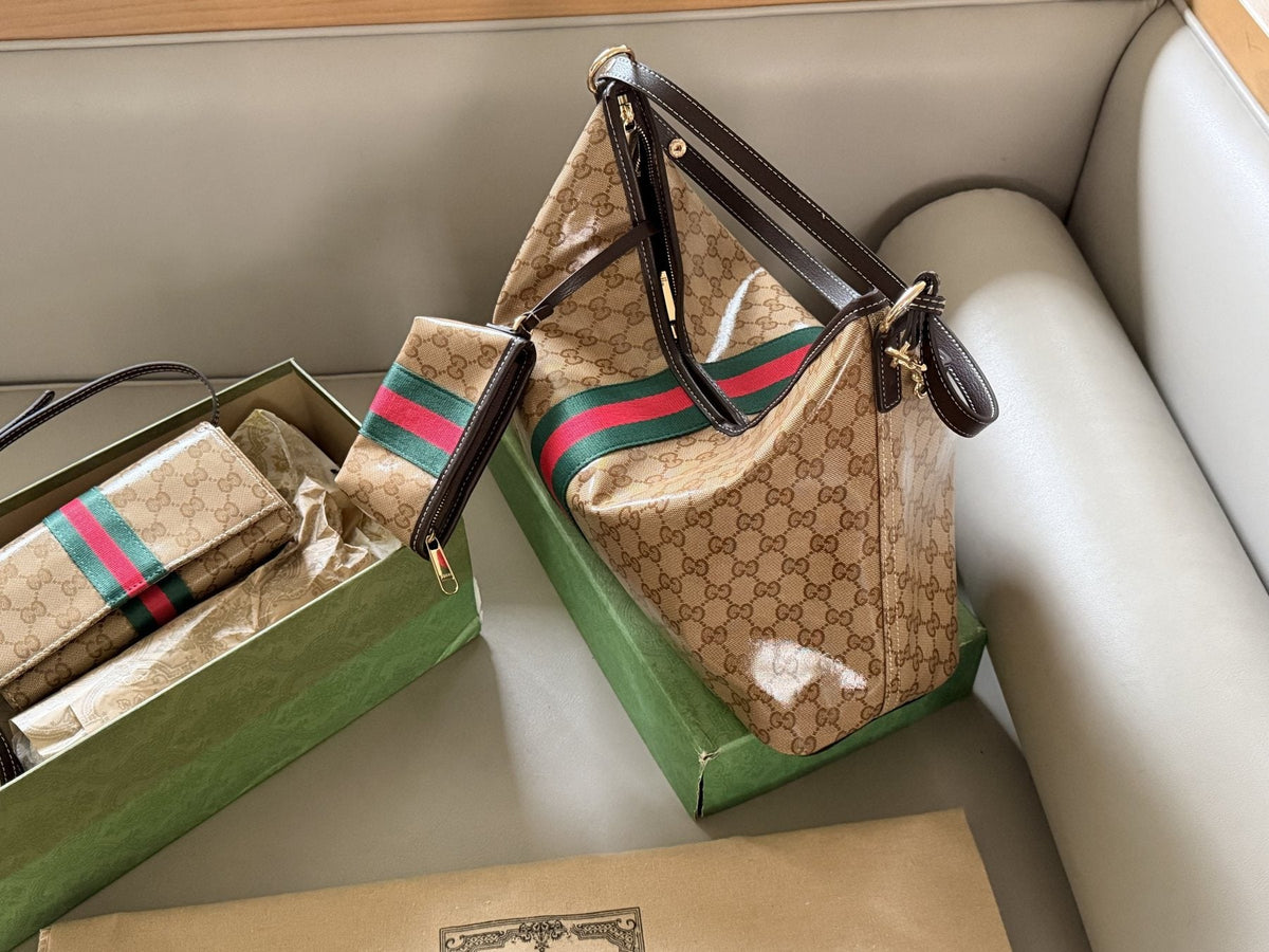 Beige Monogram Tote with Red-Green Stripe and Pouch — side
