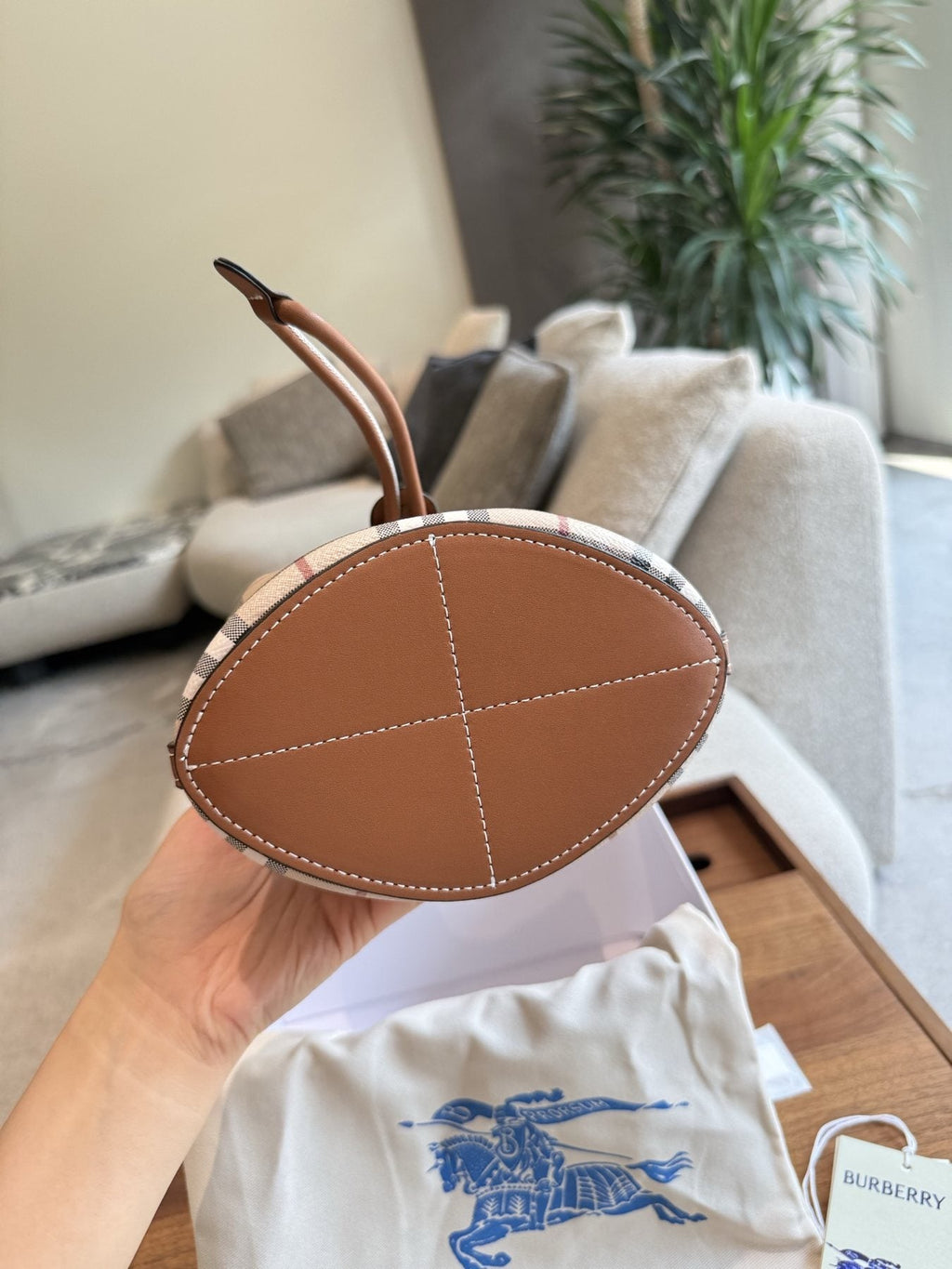 Beige Check Drawstring Bucket Bag with Tan Trim — detail