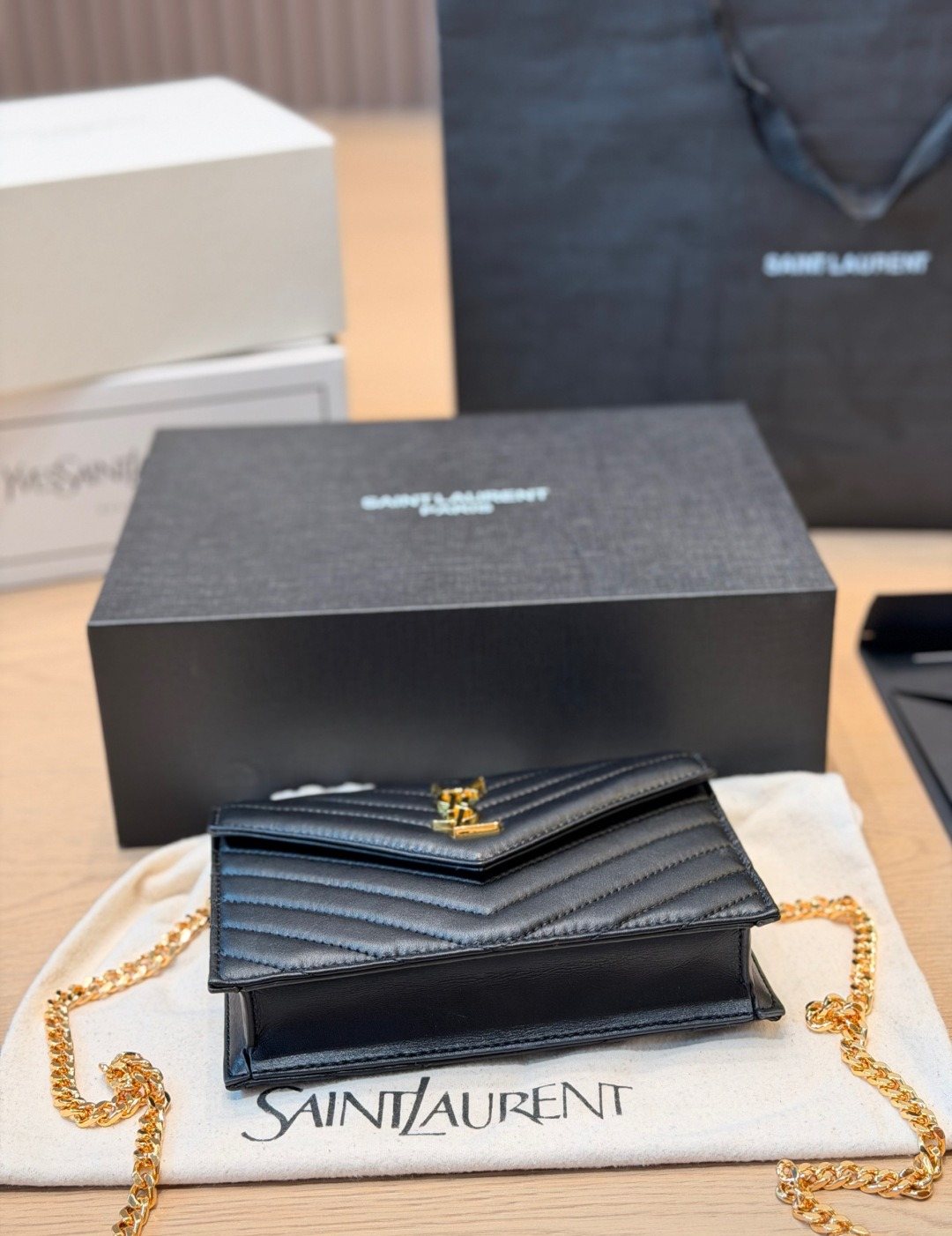 Saint Laurent Lou Lou Quilted Envelope Chain Bag — detail