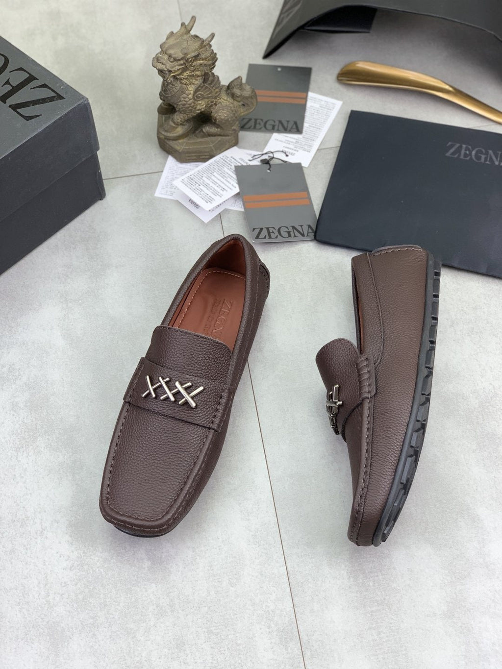 Zegna Square-Toe Leather Loafers with X Accents — side