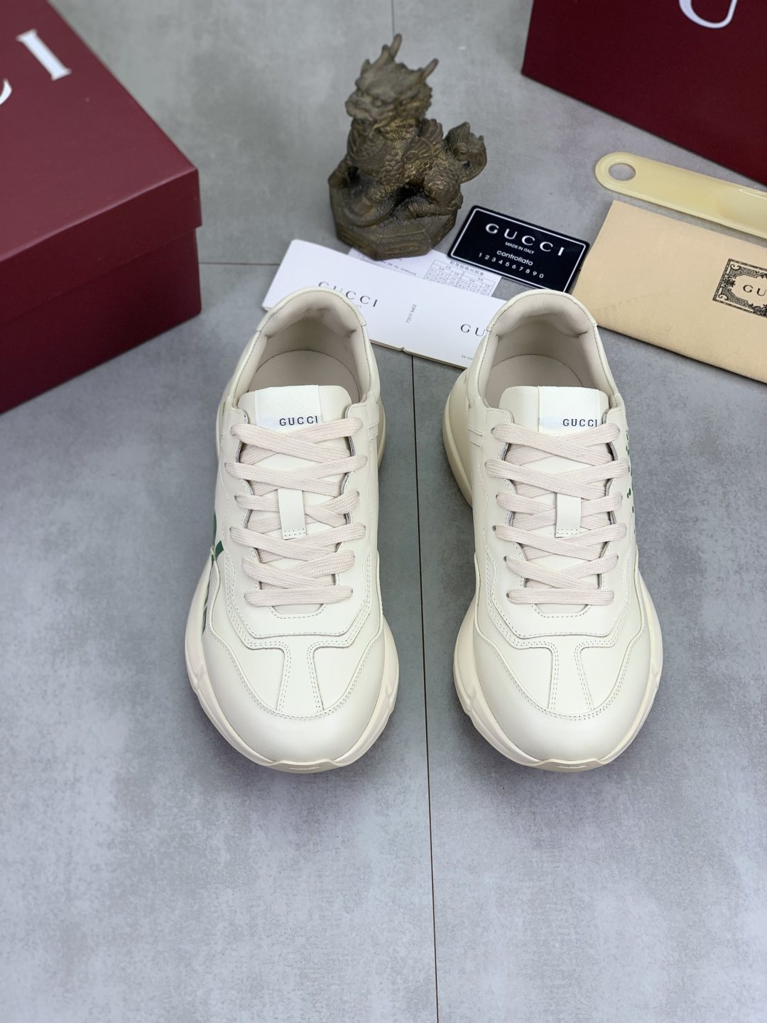 Gucci Cream and Green Chunky Sneakers — hero