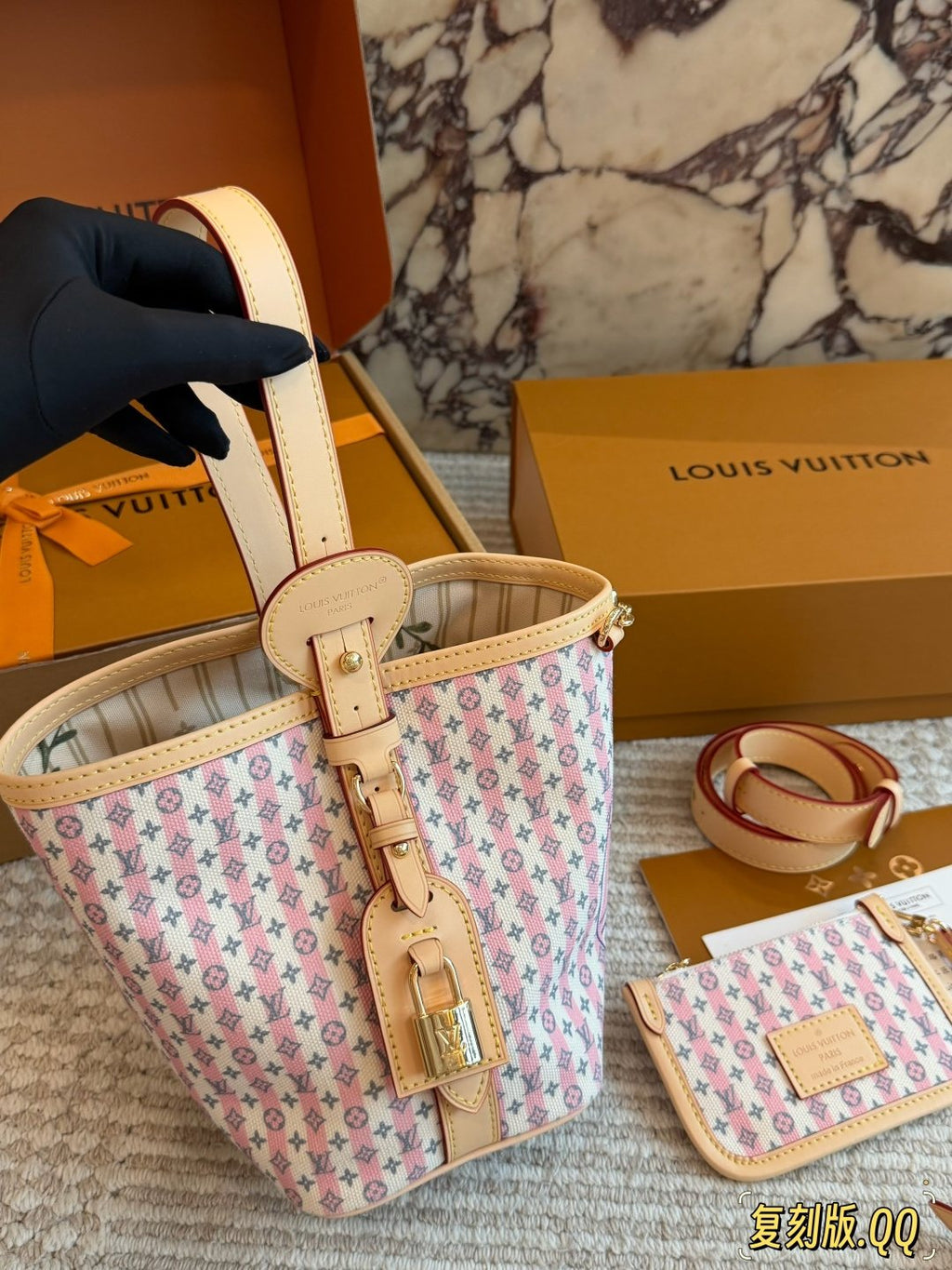 Louis Vuitton All In BB Pink Patterned Bucket Bag — front