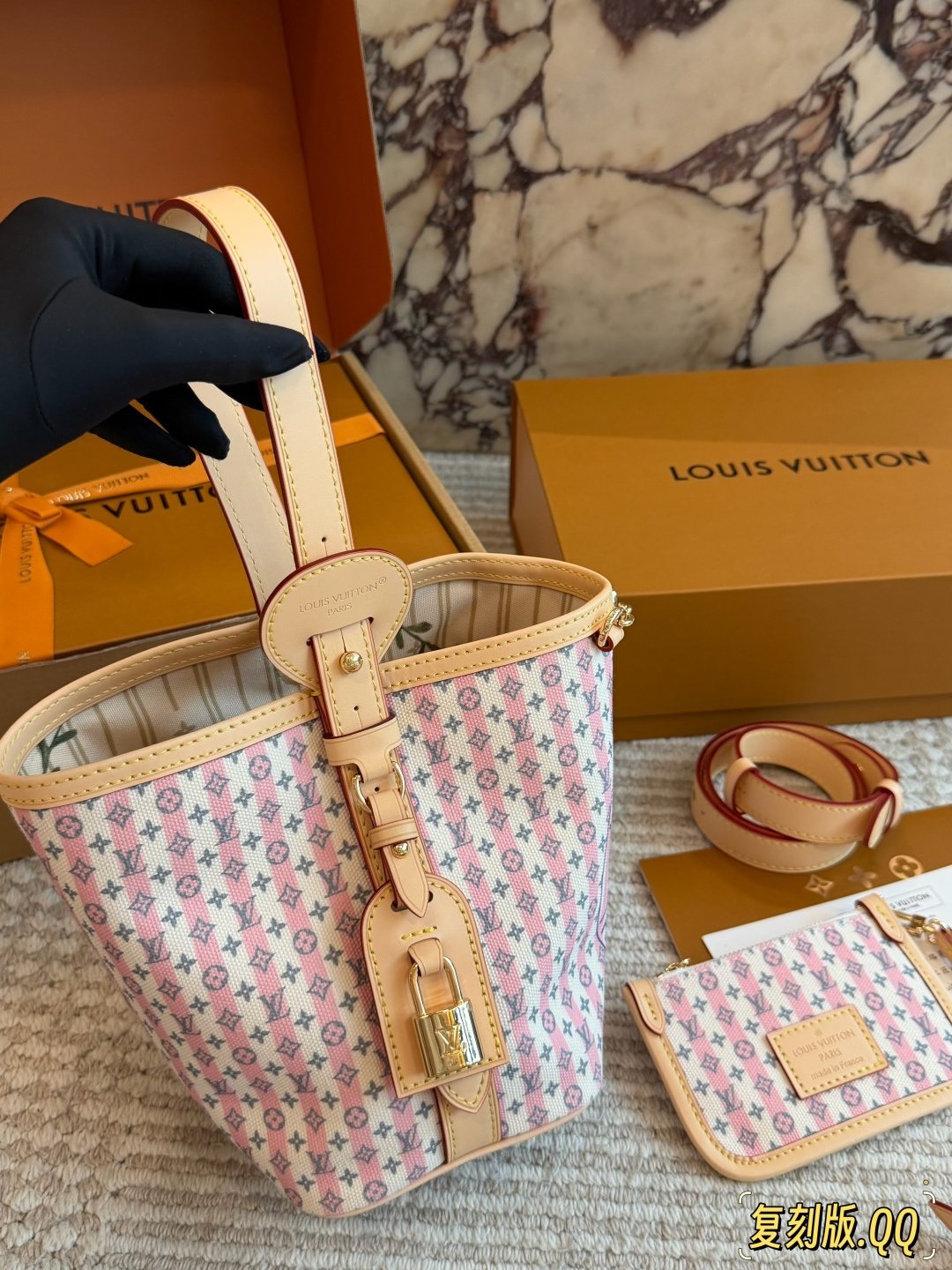 Louis Vuitton All In BB Pink Patterned Bucket Bag — front