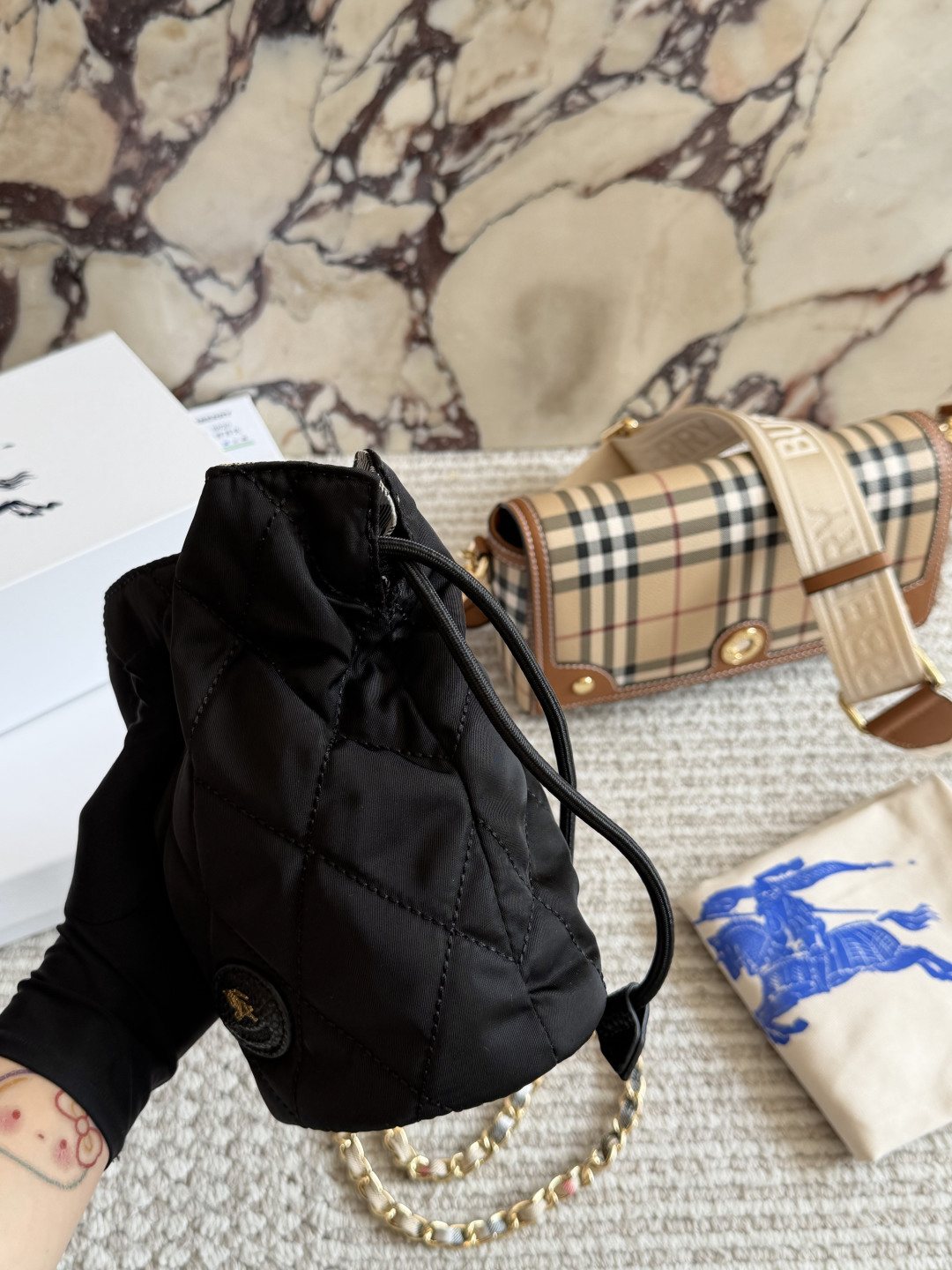 Black Quilted Chain-Strap Bucket Bag — side