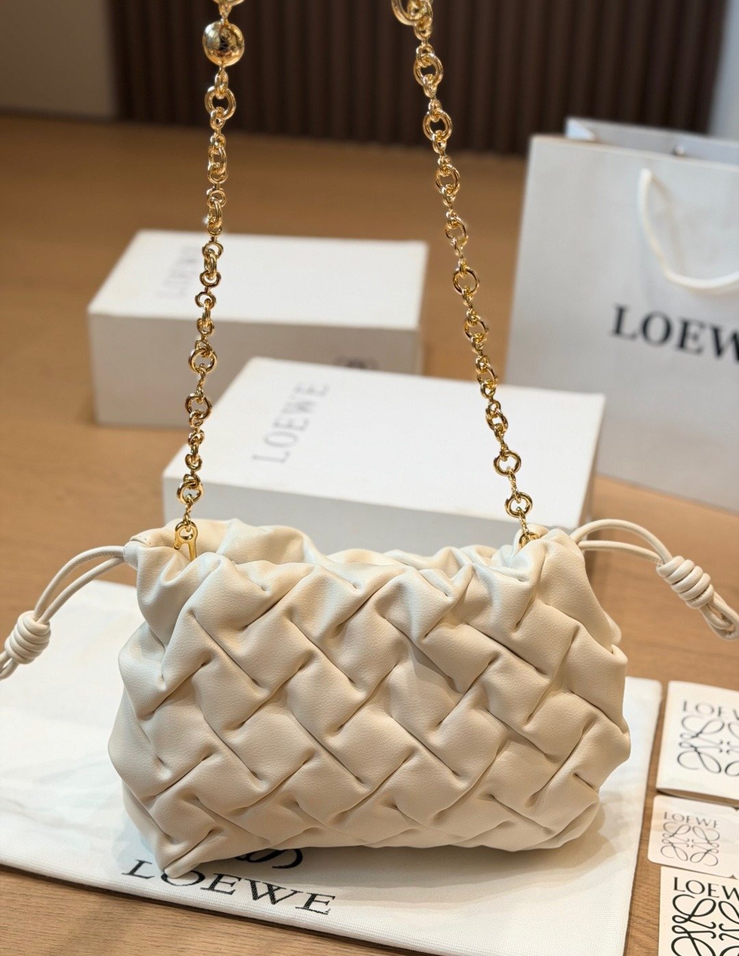 Cream Woven Drawstring Shoulder Bag — front
