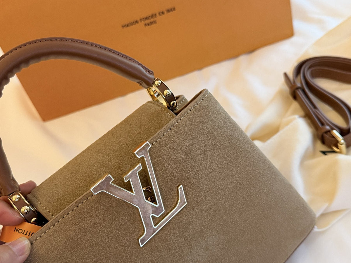Louis Vuitton Capucines Suede-Textured Top-Handle Bag — detail