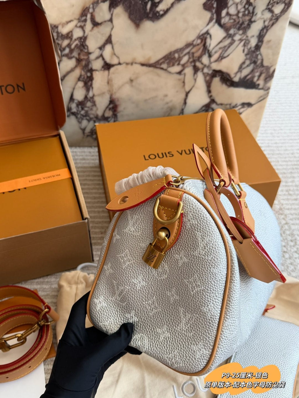 Louis Vuitton Speedy Silver Satchel with Tan Trim — side