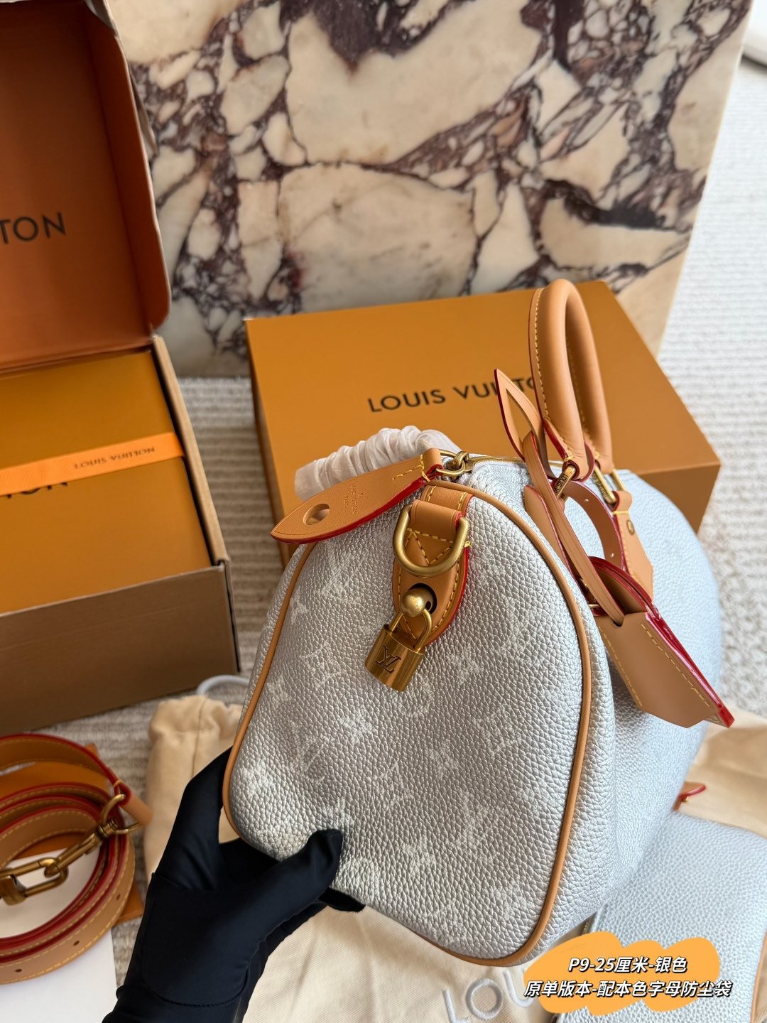 Louis Vuitton Speedy Silver Satchel with Tan Trim — side