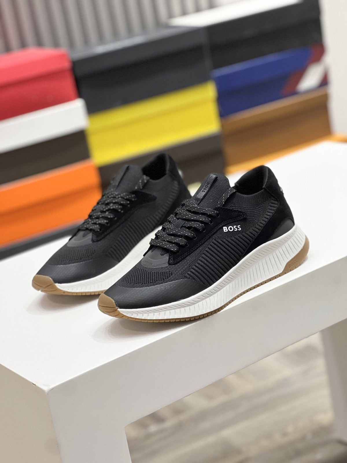 BOSS Men's Knit-Upper Ribbed-Sole Sneakers — front