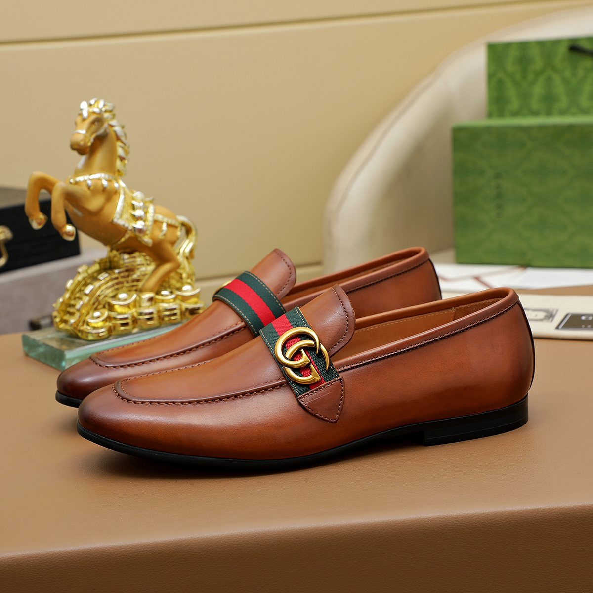 Gucci Striped-Strap Apron-Toe Loafers — front