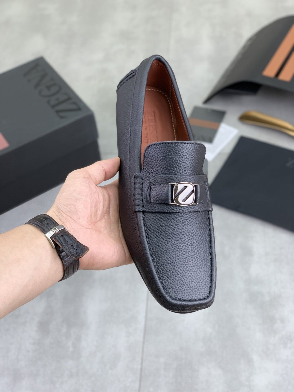 Zegna Square-Toe Leather Loafers — model