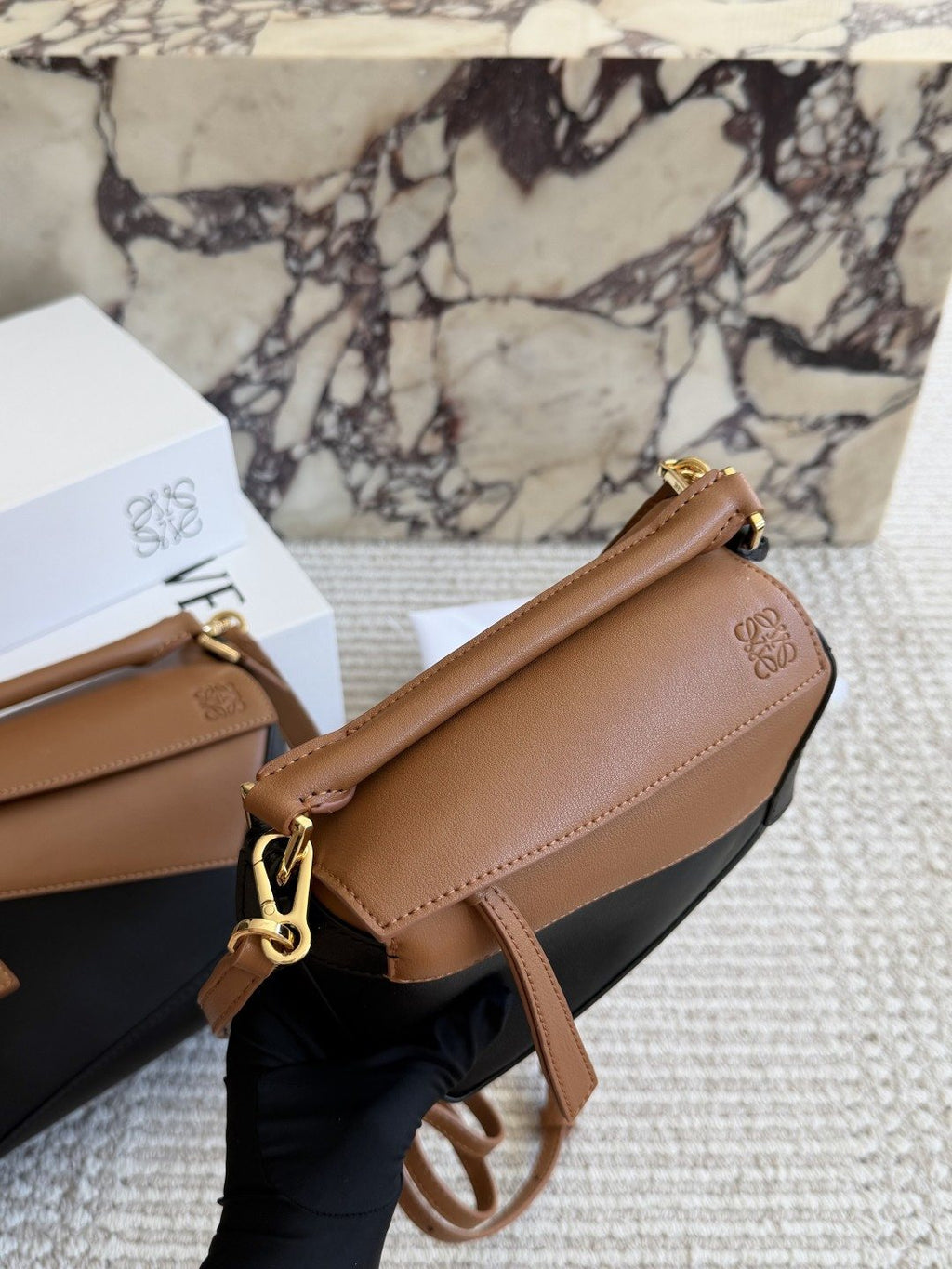 Loewe Puzzle Tan and Black Top-Handle Bag — front
