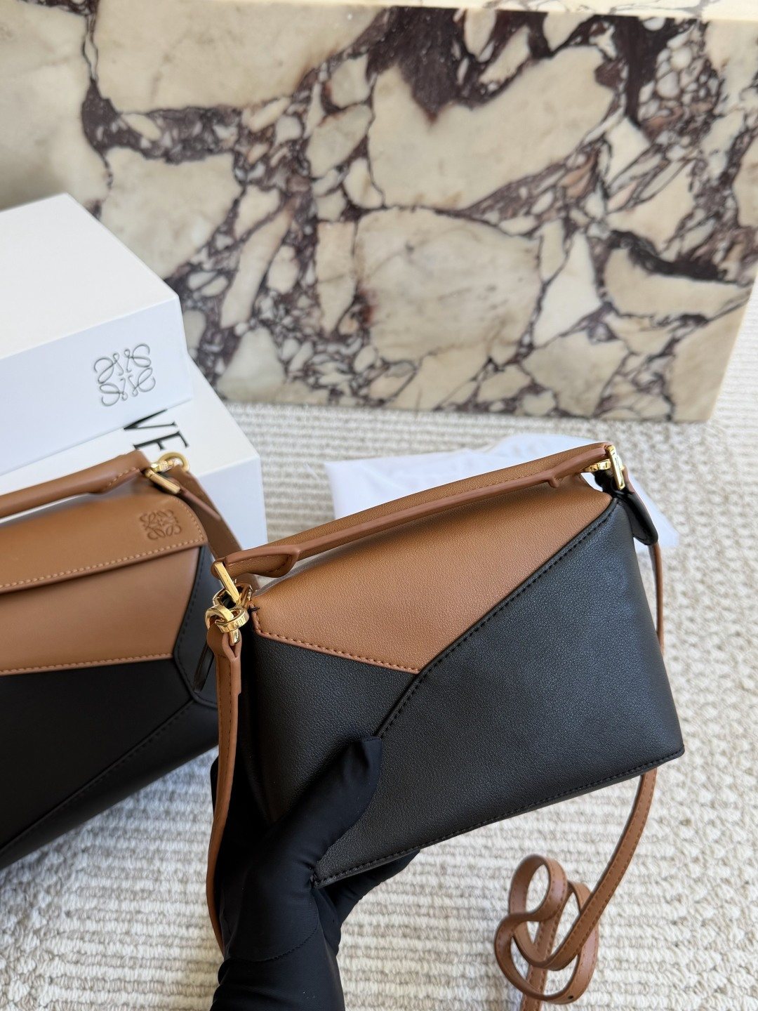 Loewe Puzzle Tan and Black Top-Handle Bag — back