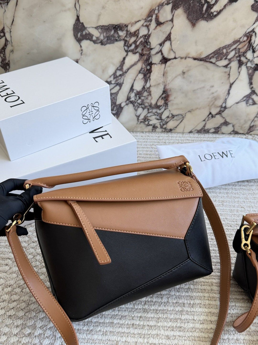 Loewe Puzzle Tan and Black Top-Handle Bag — hero