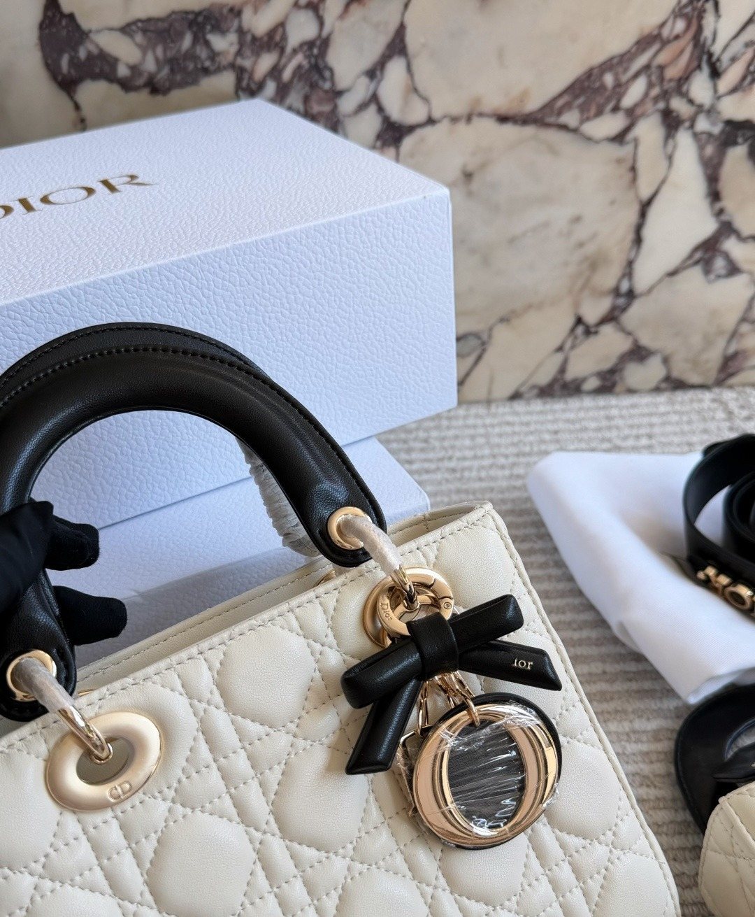 Dior Lady Dior Ivory Quilted Top-Handle Bag — detail