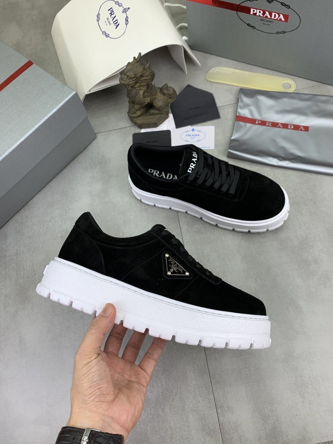 Prada Men's Lace-Up Sneakers with Ridged Soles — model