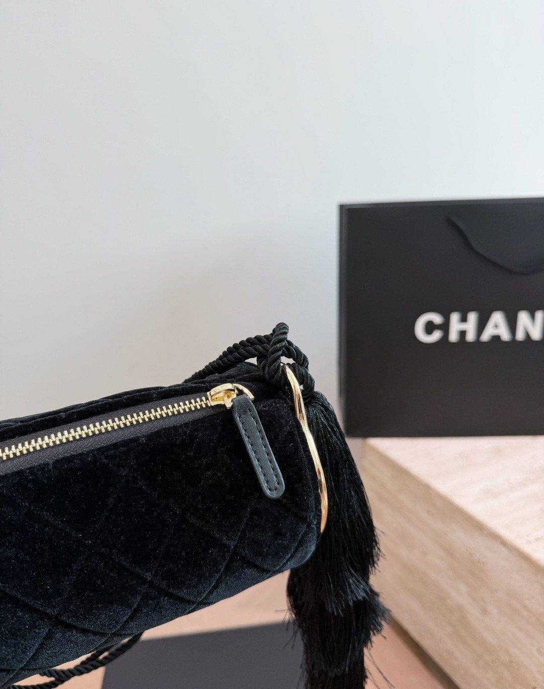 Chanel Quilted Velvet Barrel Shoulder Bag — detail