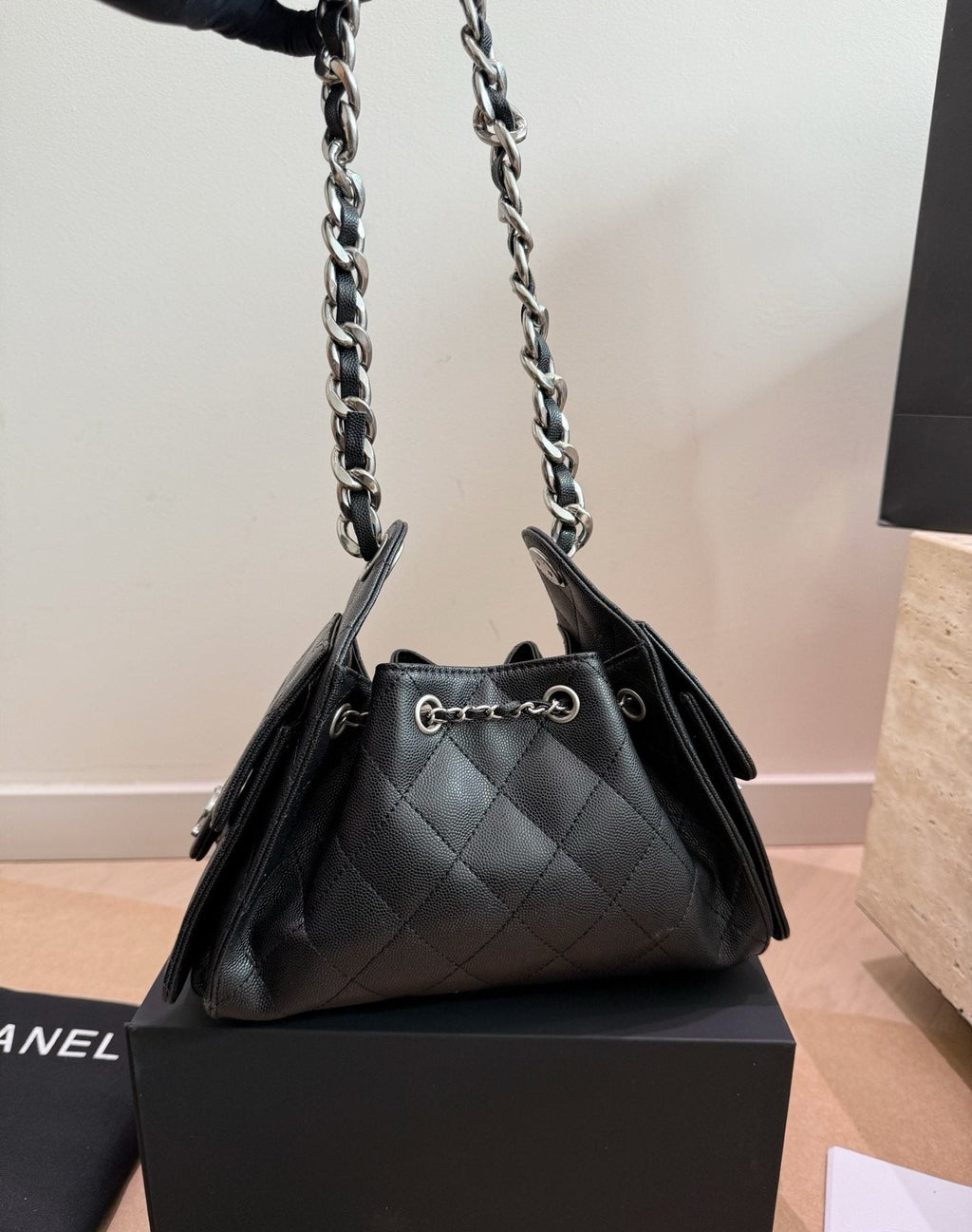 Chanel 25 Quilted Drawstring Bucket Bag — back