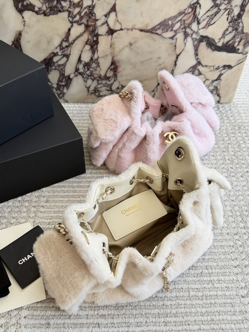 Chanel Fuzzy Drawstring Bucket Bag — detail