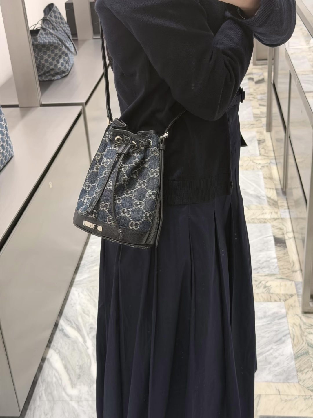 Gucci Blue GG Drawstring Bucket Bag — model