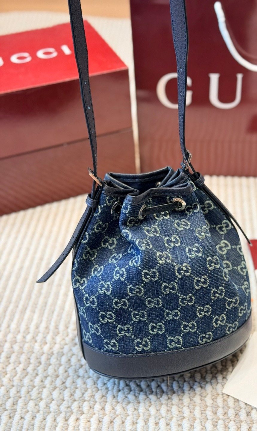 Gucci Blue GG Drawstring Bucket Bag — back