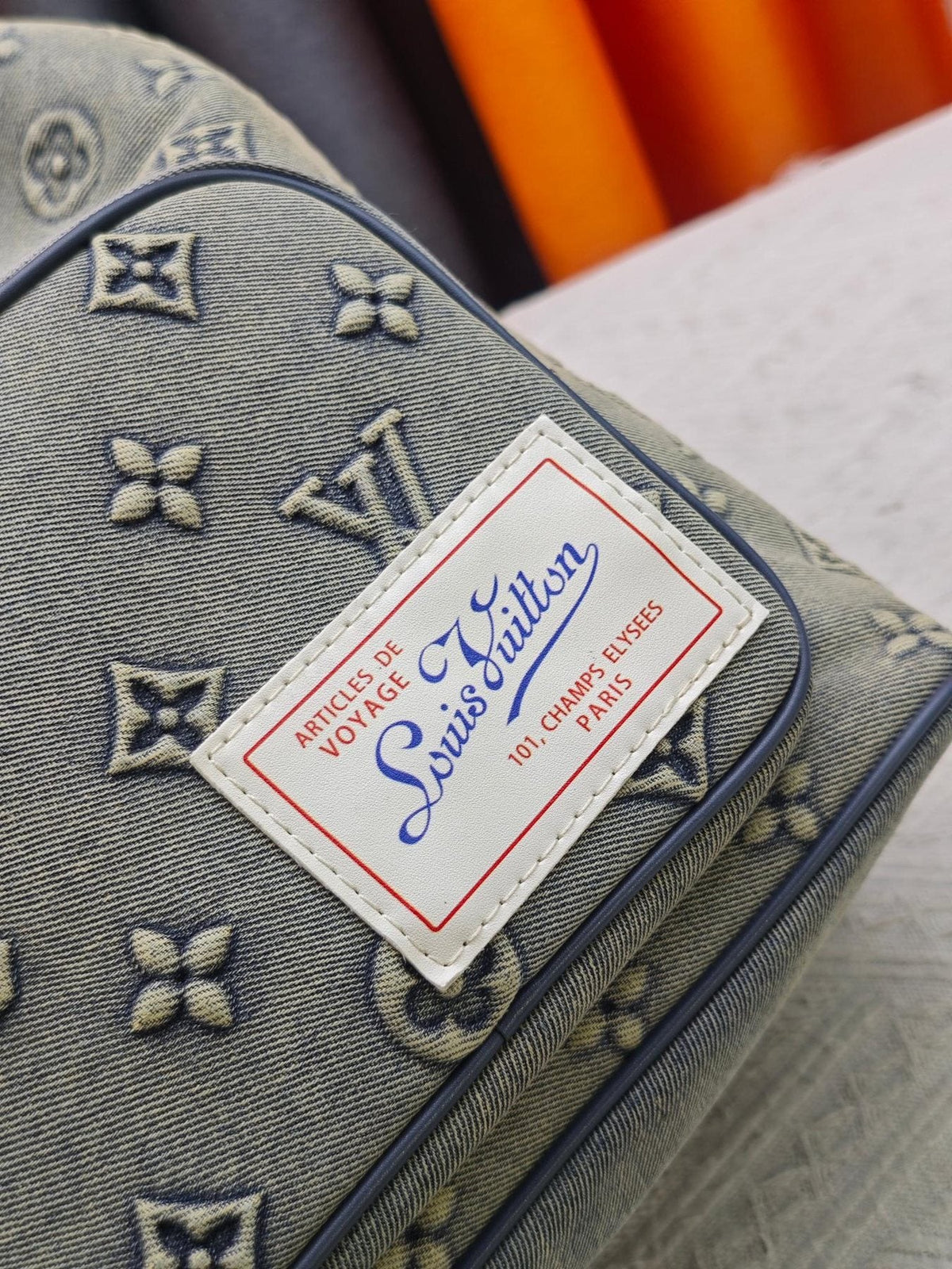 Louis Vuitton Montsouris Faded Denim Monogram Backpack — label