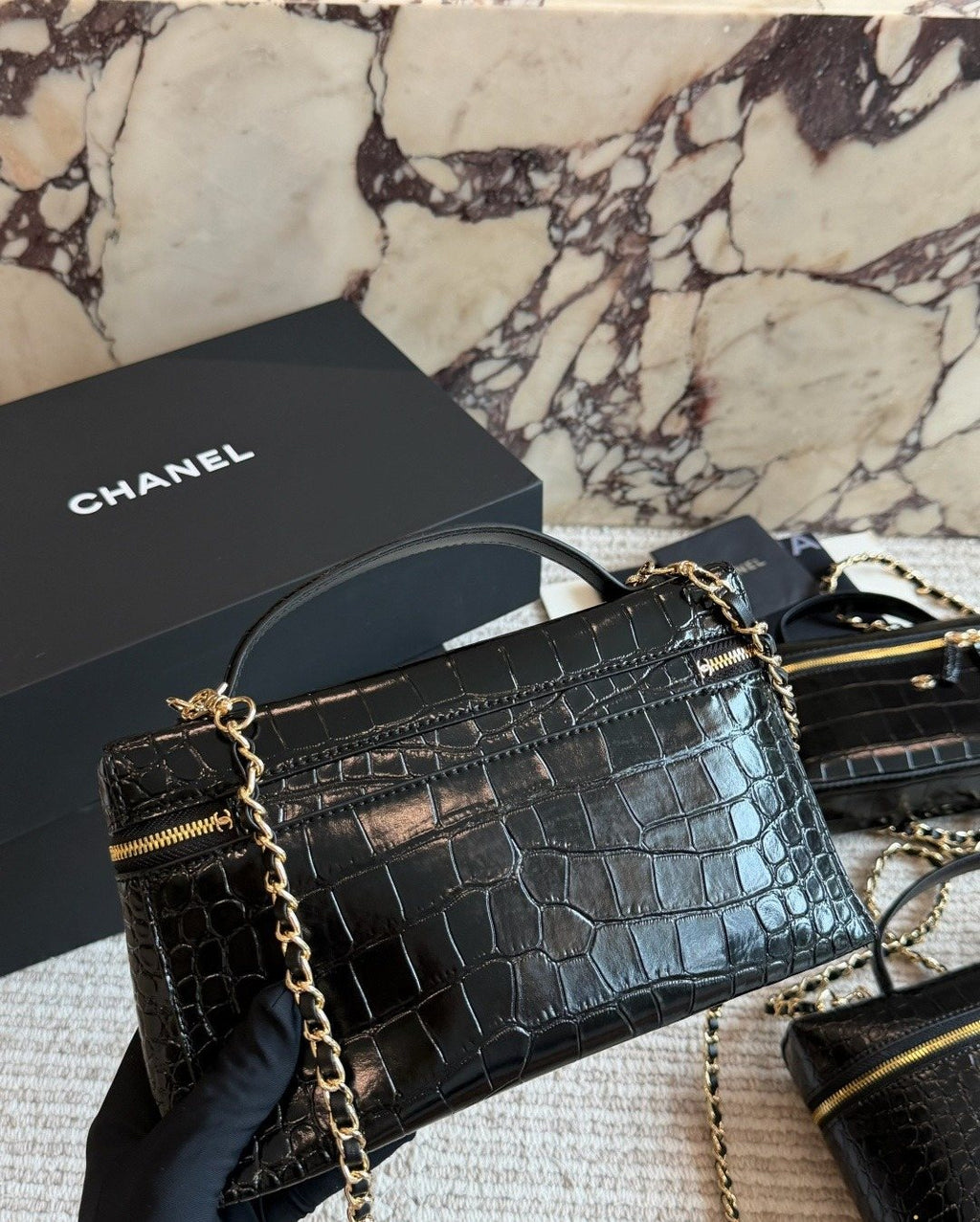 Chanel Crocodile-Pattern Zip Top-Handle Shoulder Bag — back