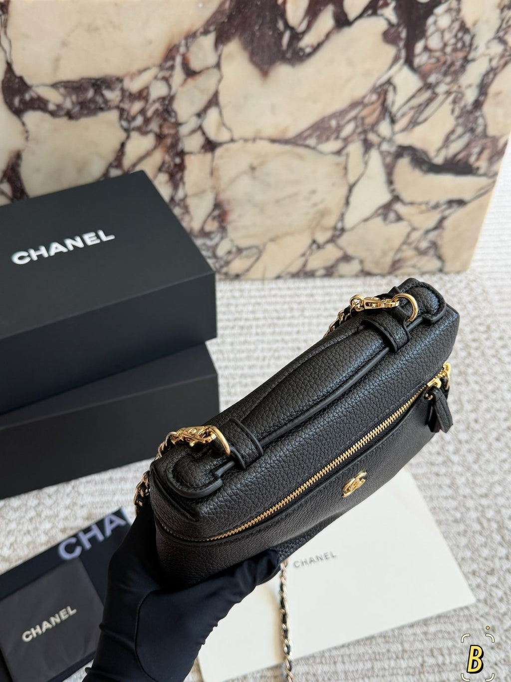 Chanel Pebbled Zip-Top Chain Handbag — detail