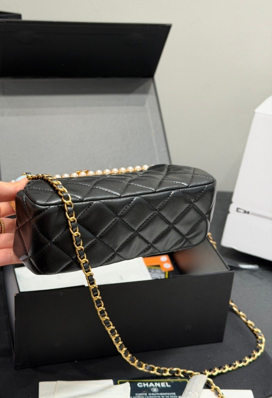 Chanel Pearl-Trim Quilted Frame Bag — detail