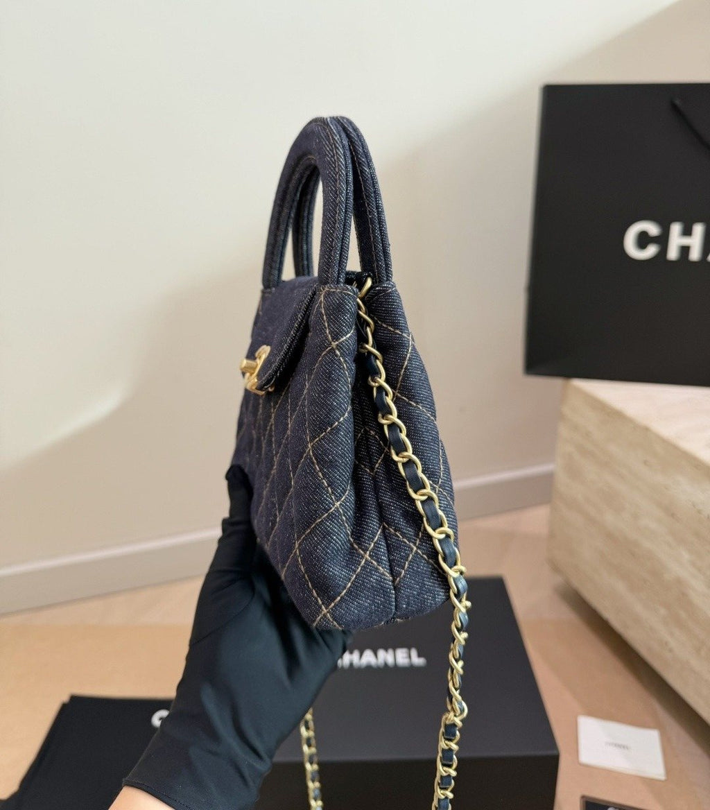 Chanel Kelly Quilted Denim Top-Handle Bag — side