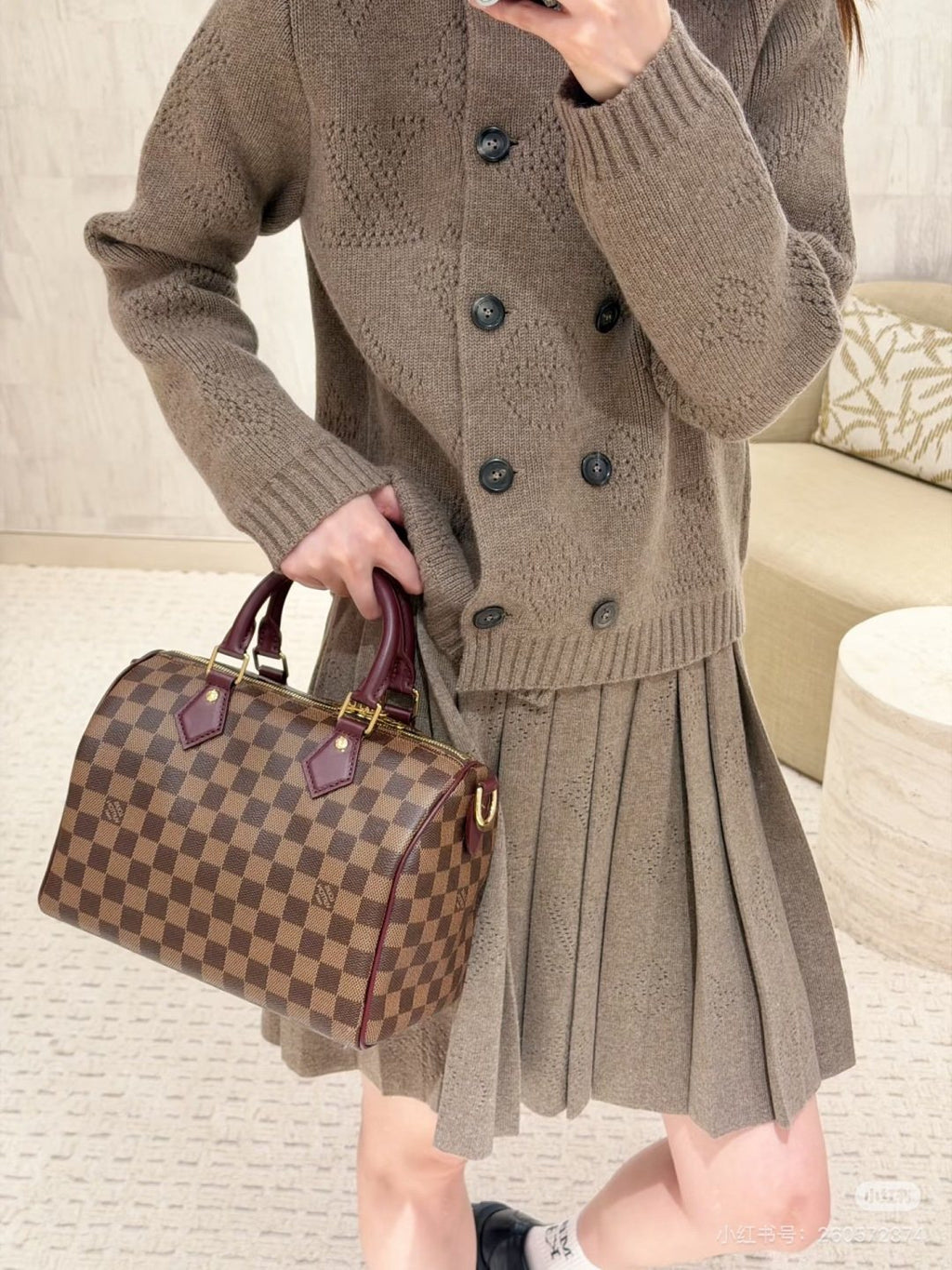 Louis Vuitton Speedy Checker Bag with Burgundy Trim — model