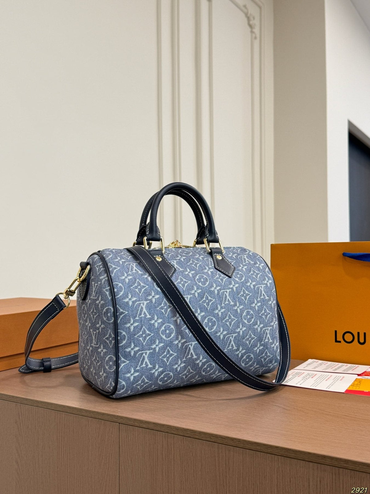 Louis Vuitton Speedy Blue-Gray Monogram Satchel — back