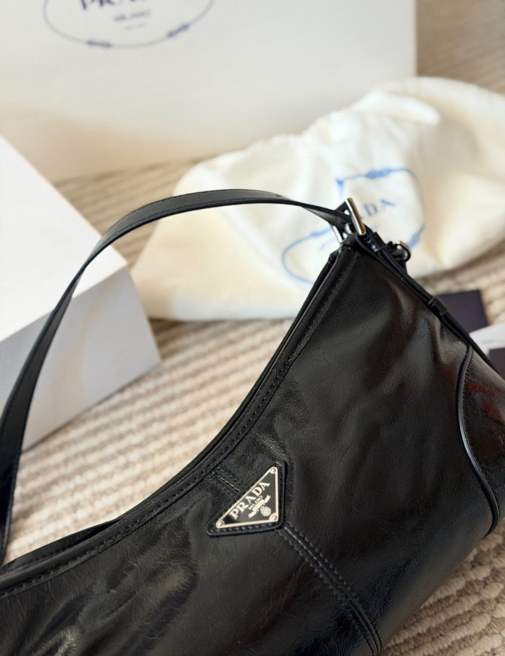 Prada Glossy Crescent Shoulder Bag — detail