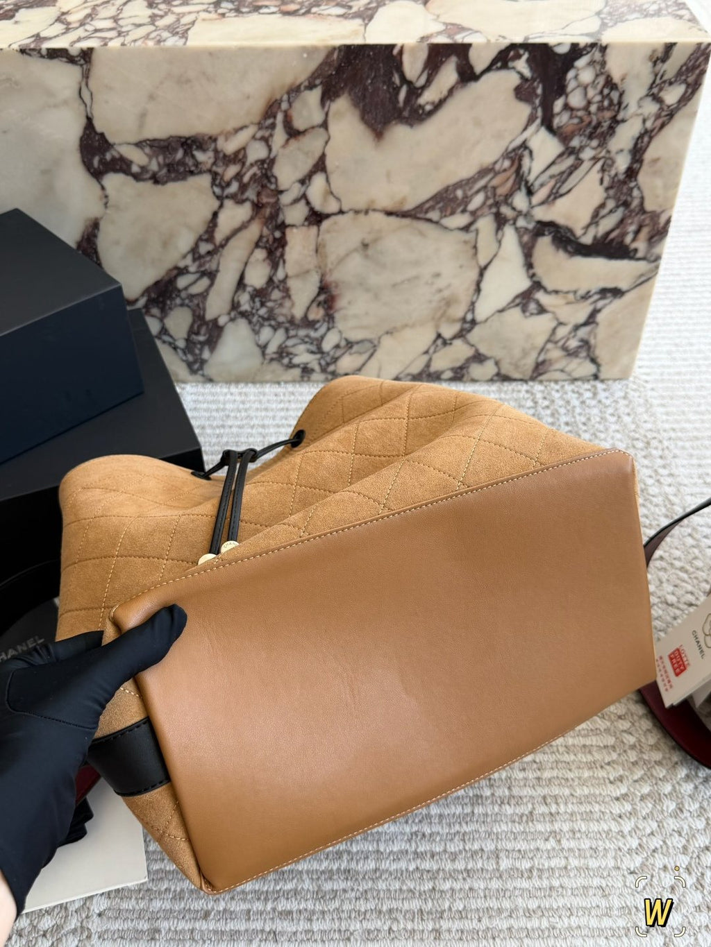 Chanel Diamond-Pattern Drawstring Bucket Bag — detail