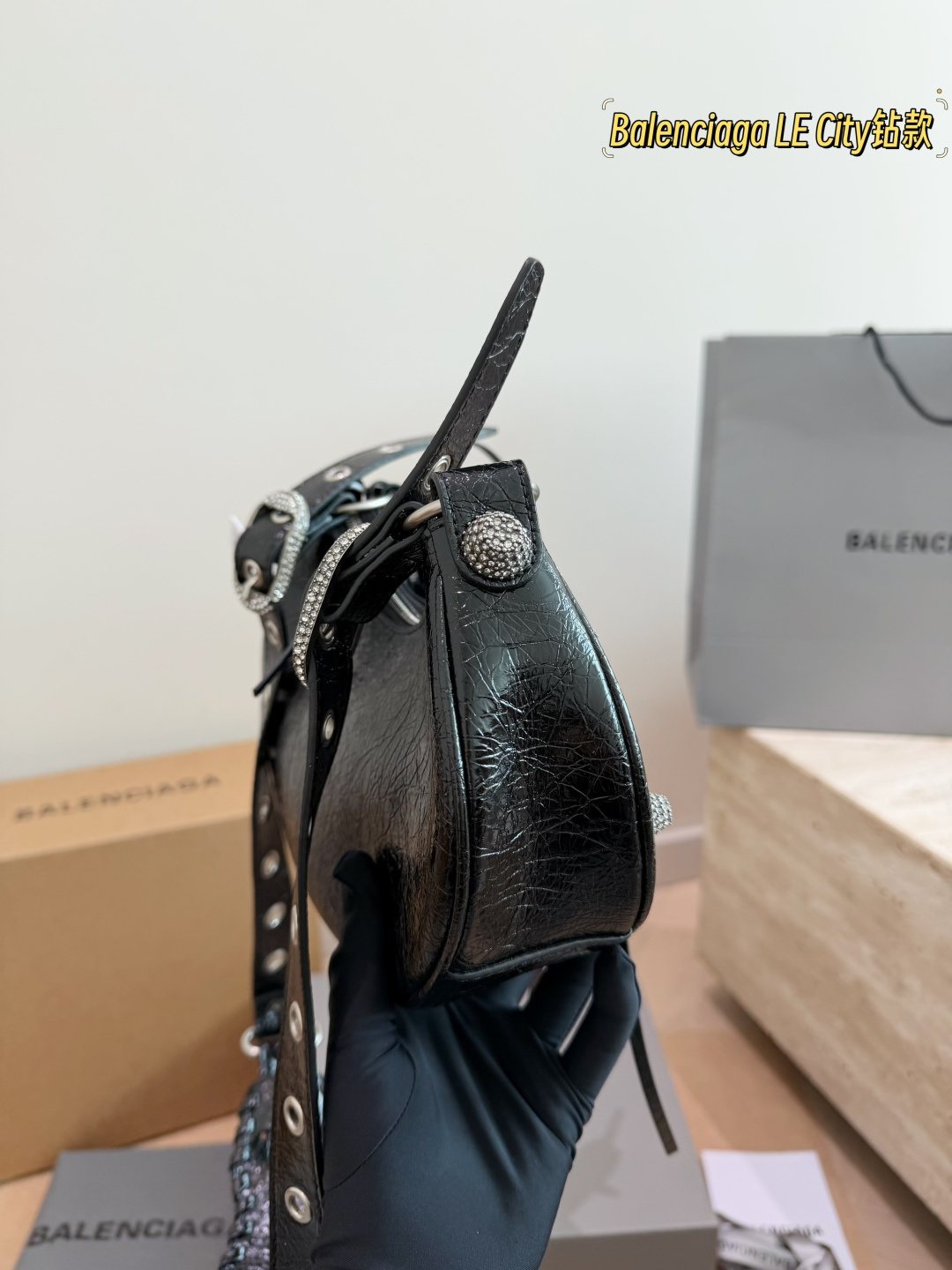 Balenciaga Le Cagole Jeweled Crescent Shoulder Bag — side