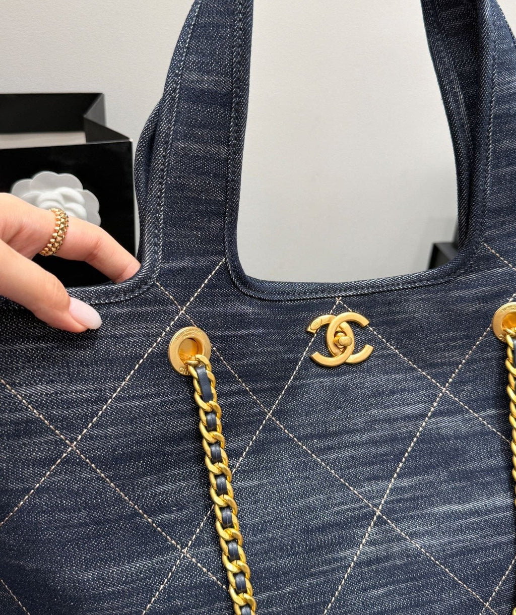 Chanel Quilted Denim Tote with Gold-Tone Chains — detail