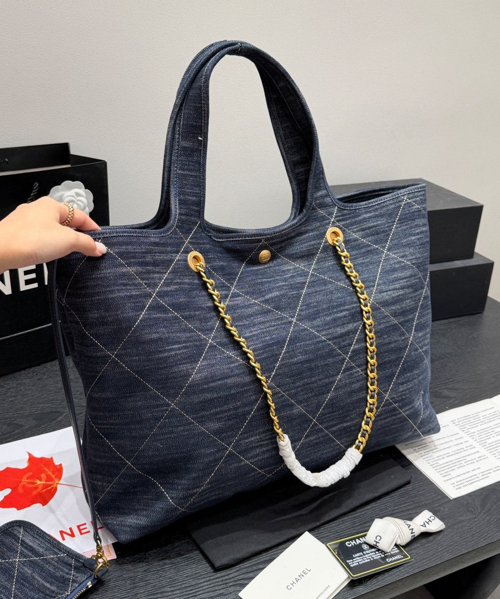 Chanel Quilted Denim Tote with Gold-Tone Chains — back