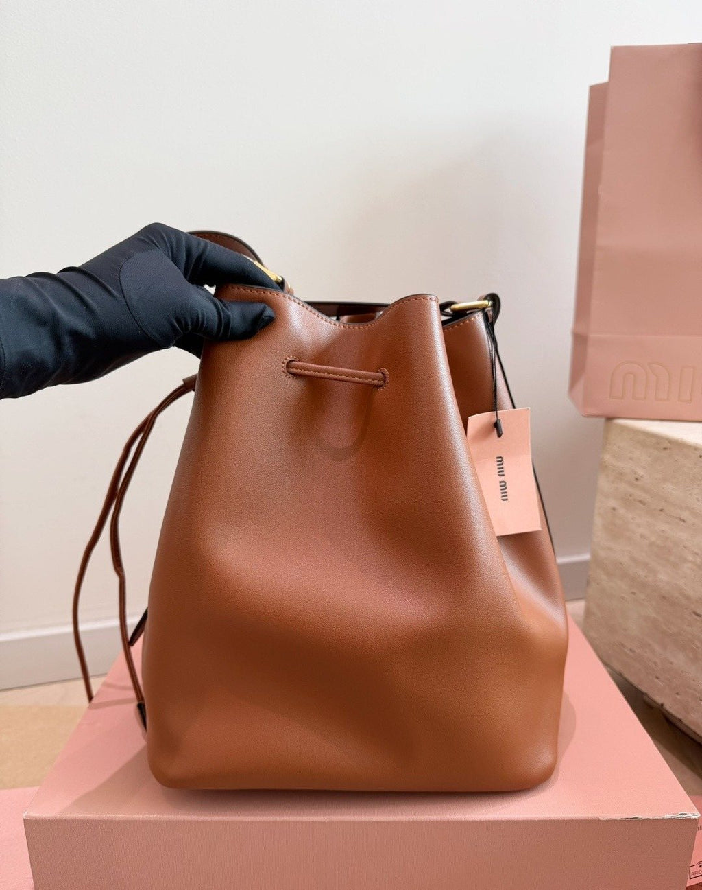 Miu Miu Smooth Leather Drawstring Bucket Bag — back