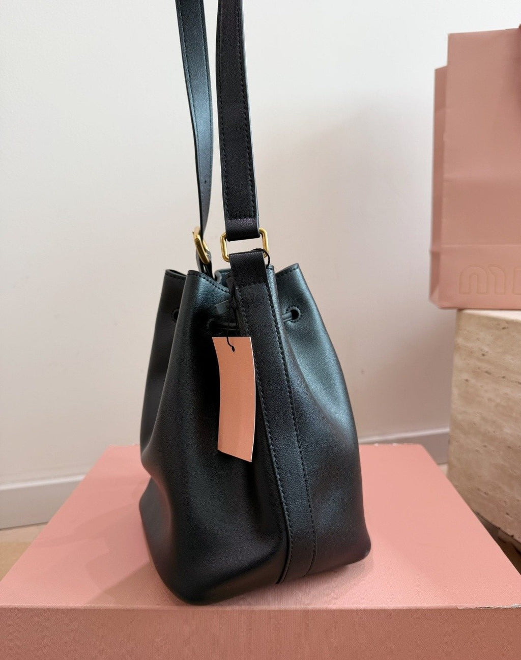 Miu Miu Smooth Leather Drawstring Bucket Bag — side