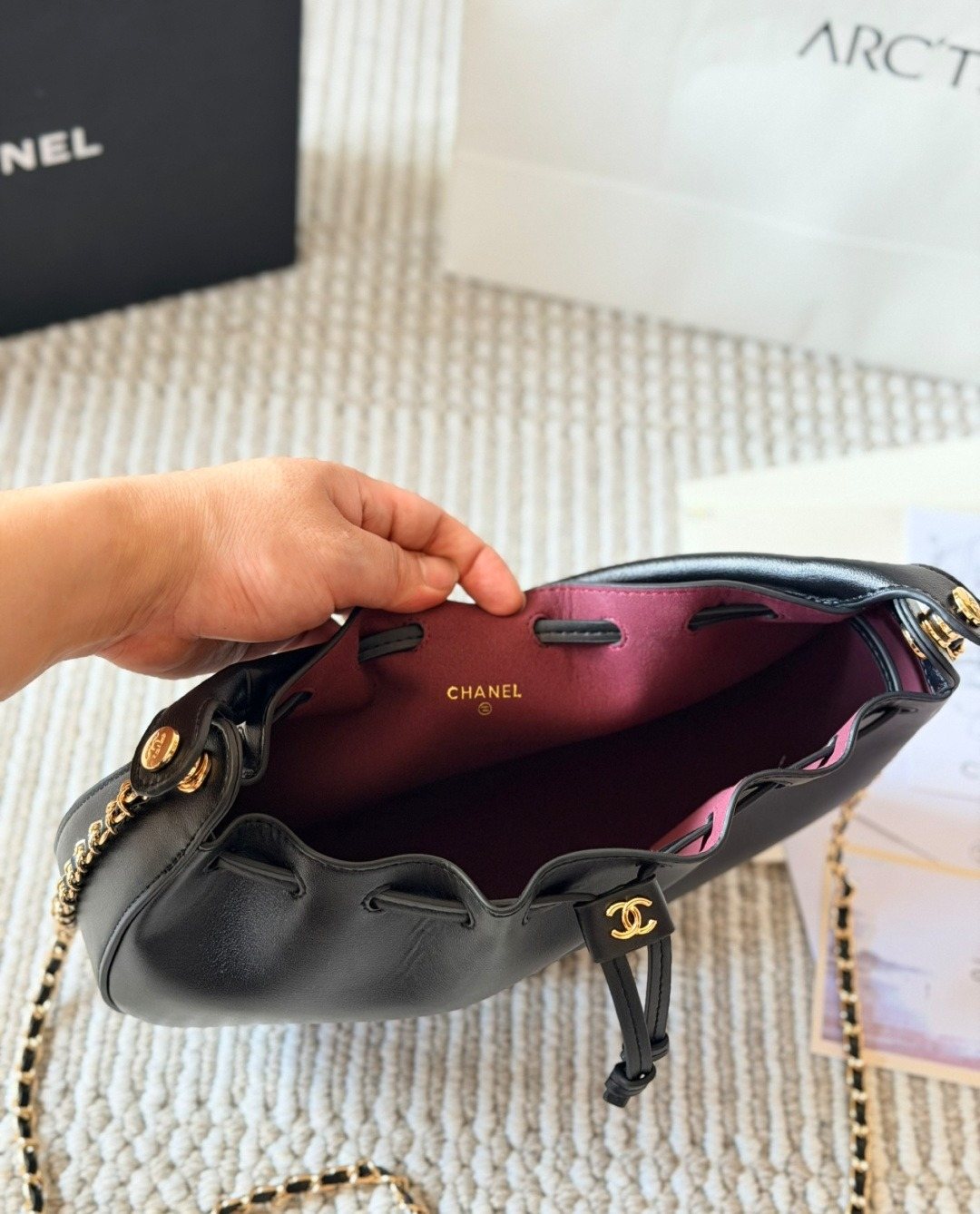 Chanel Black Rounded Drawstring Top-Handle Bag — detail