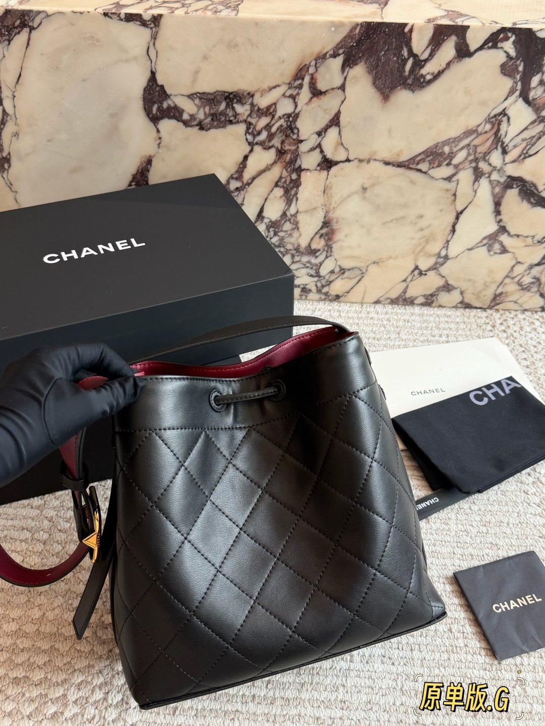 Chanel Diamond-Quilted Drawstring Bucket Bag — back