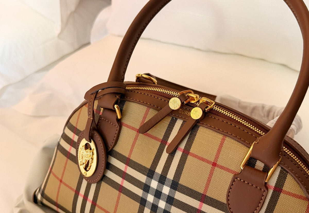 Beige Check Domed Top-Handle Bag with Brown Trim — detail