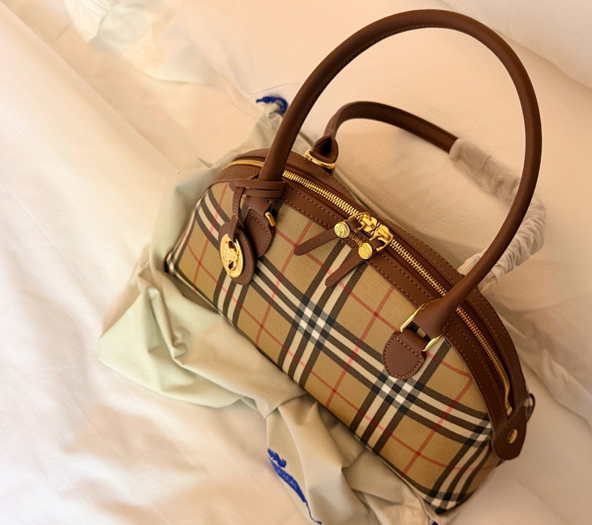 Beige Check Domed Top-Handle Bag with Brown Trim — side