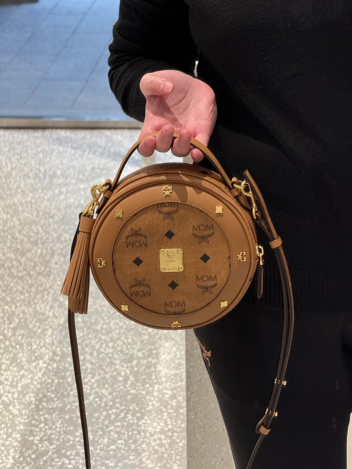 MCM Studded Round Top Handle Bag — front
