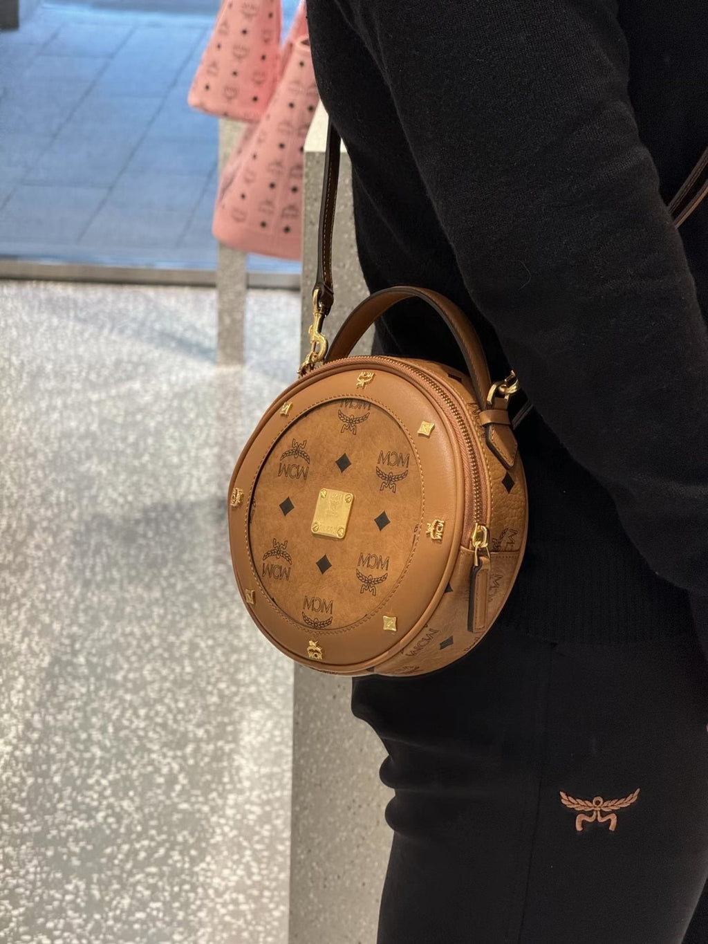 MCM Studded Round Top Handle Bag — side